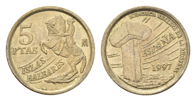 Испания 5 песет 1997 Хуан Карлос I (1975-2014), Балеарские острова, всадник KM 981 алюминиевая бронза 4685-1061