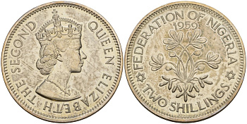 Нигерия 2 шиллинга 1959 Елизавета II (1952-2022), Британский протекторат KM 6 медно-никель PROOF 3711-314