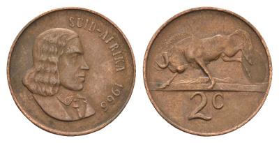 ЮАР 2 цента 1966 Ян ван Рибек (1619-1677), Suid Africa, легенда на африкаанс, антилопа гну KM 66.2 бронза 4121-1246
