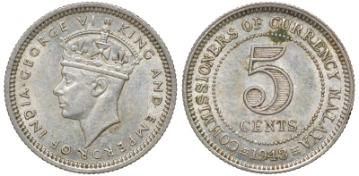Британская Малайя 5 центов 1943 Георг VI (1937-1952) KM 3a серебро 53-146