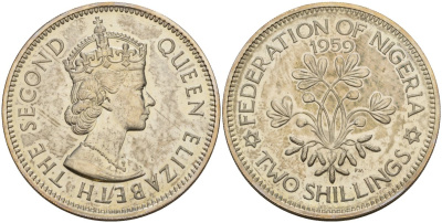 Нигерия 2 шиллинга 1959 Елизавета II (1952-2022), Британский протекторат KM 6 медно-никель PROOF 3711-314