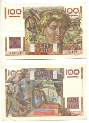 ФРАНЦИЯ 100 ФРАНКОВ 1952 4 ОКТЯБРЯ 1952 Pick 128d бумага 3295-31-1