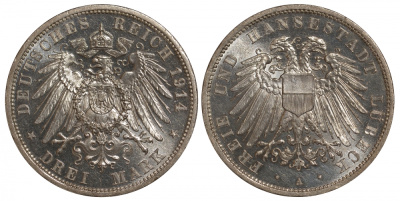Любек 3 марки 1914 A Weege 82, J. 82, KM 215 серебро UNC 10-014-28