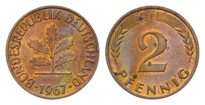 ФРГ 2 пфеннига 1967 F KM 106, J. 381 бронза 3458-712