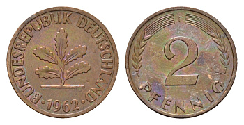 ФРГ 2 пфеннига 1962 F KM 106, J. 381 бронза 4576-1255