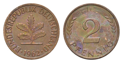 ФРГ 2 пфеннига 1962 F KM 106, J. 381 бронза 4576-1255