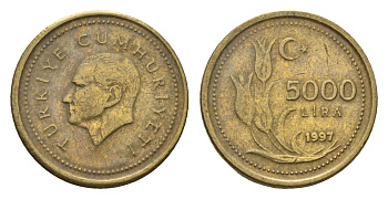Турция 5000 лир 1997 Кемаль Ататюрк KM 1029.1 латунь 4635-851