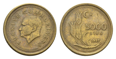Турция 5000 лир 1997 Кемаль Ататюрк KM 1029.1 латунь 4635-851