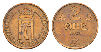 Норвегия 2 эре 1939 Хокон VII (1905-1957) KM 371 бронза 4635-311