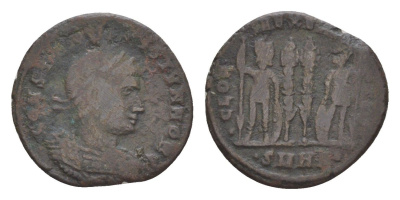 Римская Империя нуммий 330-335 Константин II в ранге цезаря, CONSTANTINVS IVN NOB C/GLORIA EXERCITVS, Гераклея RIC 117 биллон 4644-758