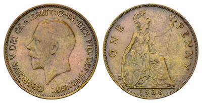 Великобритания 1 пенни 1936 Георг V (1910-1936) КМ 826, Spink 4054 бронза 4120-831