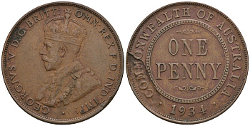 Австралия 1 пенни 1934 Георг V (1910-1936), технологический брак, неровность заготовки KM 23 бронза 4607-1231