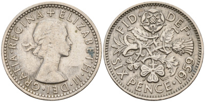 Великобритания 6 пенсов 1959 Елизавета II (1952-2022) KM 903, Spink 4149 медно-никель    4152-1168