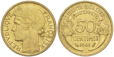 ФРАНЦИЯ 50 САНТИМОВ 1941 ТИП MORLON KM 894.1, LE FRANC 192.18 алюминиевая бронза 44-467