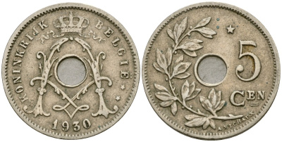 Бельгия 5 сантимов 1930 Belgie KM 67 медно-никель 4136-519