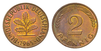 ФРГ 2 пфеннига 1965 F KM 106, J. 381 бронза 4147-814