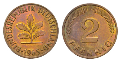 ФРГ 2 пфеннига 1965 F KM 106, J. 381 бронза 4147-814