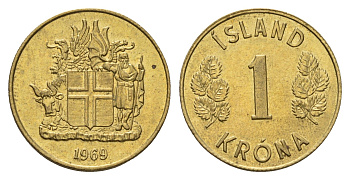 Исландия 1 крона 1969 KM 12a никель латунь UNC 4691-443