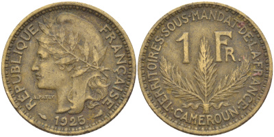 Французский Камерун 1 франк 1925 (а), монетный двор Париж KM 2 алюминиевая бронза 51-413