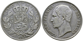 Бельгия 5 франков 1865 Леопольд I (1831-1865) KM 17 серебро 1066-20-56