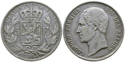 Бельгия 5 франков 1865 Леопольд I (1831-1865) KM 17 серебро 1066-20-56