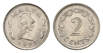 Мальта 2 цента 1977 Пентесилея, царица амазонок KM 9 медно-никель UNC 4516-215