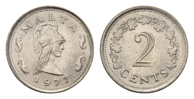 Мальта 2 цента 1977 Пентесилея, царица амазонок KM 9 медно-никель UNC 4516-215