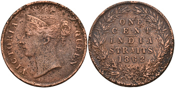Стрейтс-Сетлментс 1 цент 1862 Виктория (1837-1901), Ост-Индская компания KM 6 медь 4590-234