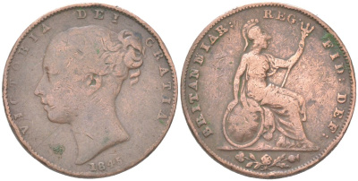 Великобритания 1 фартинг 1845 Виктория (1837-1901) KM 725, Spink 3950 медь 4613-412