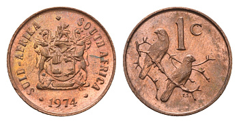 ЮАР 1 цент 1974 герб, капские воробьи KM 82 бронза PROOF 4690-1041