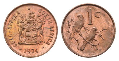 ЮАР 1 цент 1974 герб, капские воробьи KM 82 бронза PROOF 4690-1041