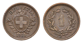 Швейцария 1 раппен 1924 B KM 3.2 бронза 1529-844