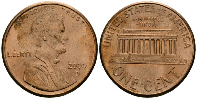 США 1 цент 2000 D, Линкольн KM 201b цинк плакированный медью 4136-366