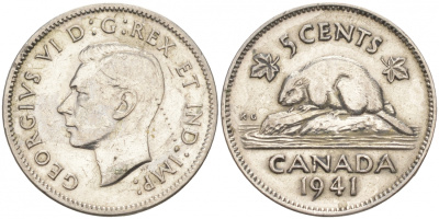 Канада 5 центов 1941 бобр, Георг VI (1937-1952) KM 33 никель 73-1215