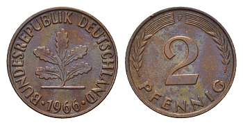 ФРГ 2 пфеннига 1966 F KM 106, J. 381 бронза 3458-669