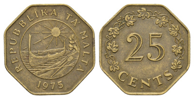Мальта 25 центов 1975 год-тип KM 29 латунь 4672-112