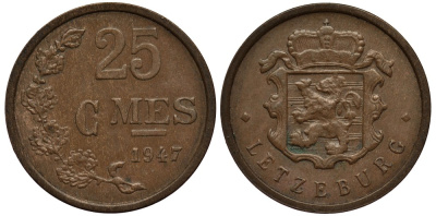 Люксембург 25 сантимов 1947 Шарлотта (1918-1964) KM 45 бронза 4538-842