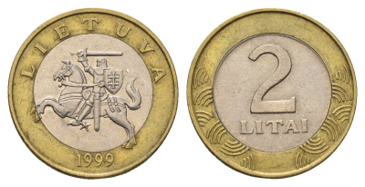 Литва 2 лита 1999 KM 112 биметалл 4695-515