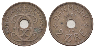 Дания 2 эре 1937 N, Кристиан X (1912-1947) KM 827 бронза 4701-846