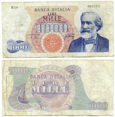 Италия 1000 лир 1965 Джузеппе Верди Pick 96d бумага 7523-50-1