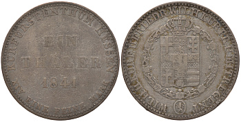 Гессен-Кассель 1 талер 1841 Вильгельм II Гессен-Кассельский (1821-1847) и Фридрих Вильгельм I (1831-1847) КМ 587, AKS 46, J. 32 серебро 00-00