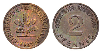 ФРГ 2 пфеннига 1961 F KM 106, J. 381 бронза 4576-823