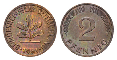 ФРГ 2 пфеннига 1961 F KM 106, J. 381 бронза 4576-823