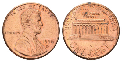 США 1 цент 1996 D, Линкольн KM 201b цинк плакированный медью 4682-269
