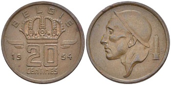 Бельгия 20 сантимов 1954 Belgie, Бодуэн I (1951-1993) KM 147.1 бронза 116-946