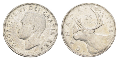 Канада 25 центов 1948 Георг VI (1936-1952), олень KM 44 серебро 4652-727