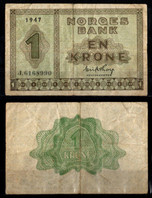 Норвегия 1 крона 1947 Pick 15 b бумага 7457-26-1-1
