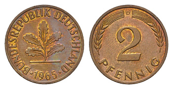 ФРГ 2 пфеннига 1965 D KM 106, J. 381 бронза 4564-1118