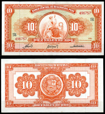 Перу 10 солей 1963 сидящая свобода, Thomas de la Rue Pick 84 a  бумага  аUNC  444-141-1-2