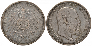 Вюртемберг 5 марок 1898 F, Вильгельм II (1891-1918) Weege 172, J. 176, KM 632 серебро 1067-1-34